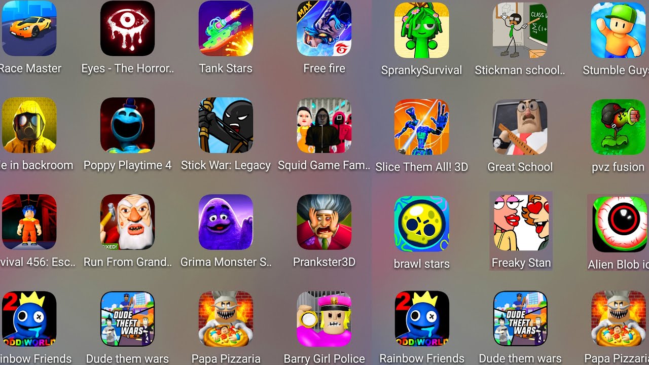 Grimace Monster Scary Survival,Papa Pizza's Pizzeria,Barry's Police Girl,Poppy Playtime 4,Tank Stars