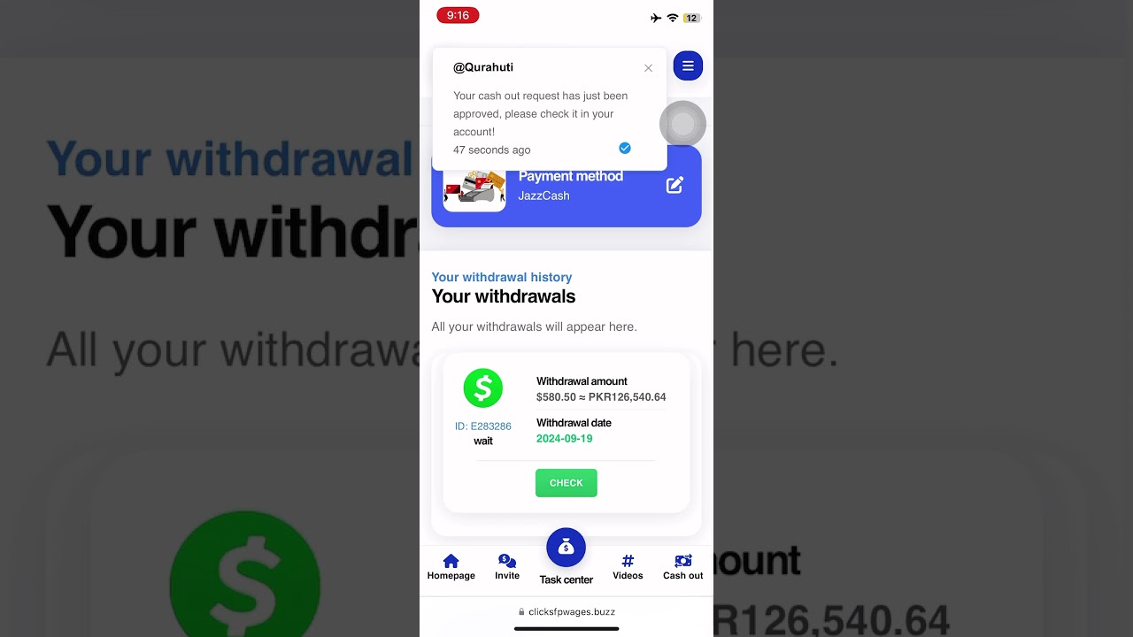 Clickwages withdrawal $580 😱😱😱 dollors too jazzcash pkr125540 #music #phonk #beats #typebeat