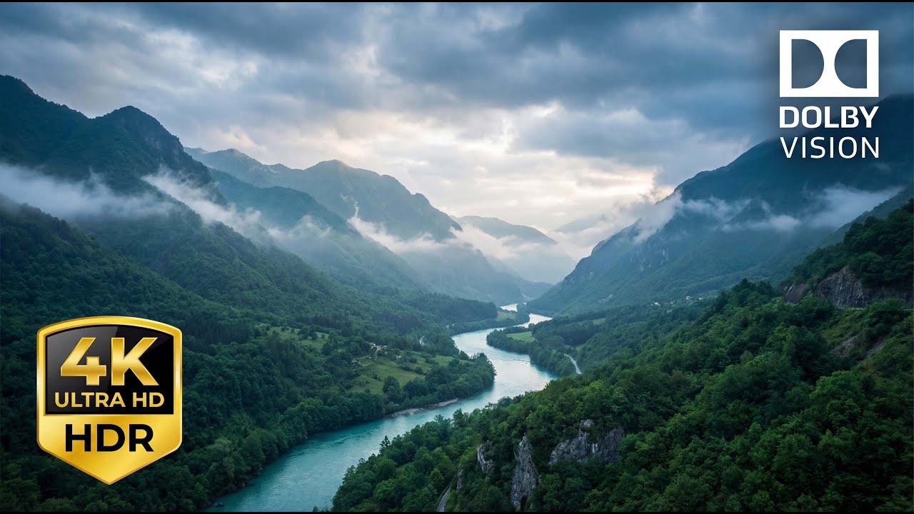 4K Ultra HD HDR Relaxing Nature Scenery | Peaceful Mountains, Clouds & River for Stress Relief
