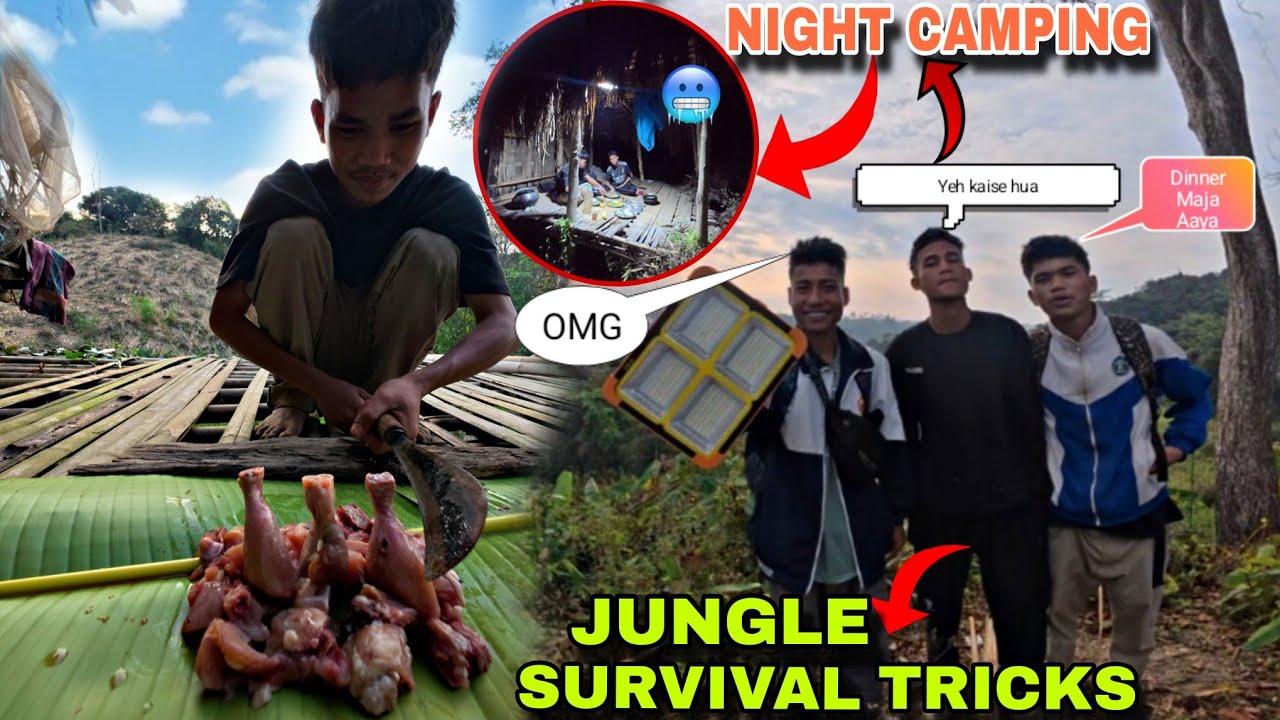 | Jungle Survival Tricks | Unexpected Night Camping 🏕️ | Dinner Cooking Chicken 🍗 