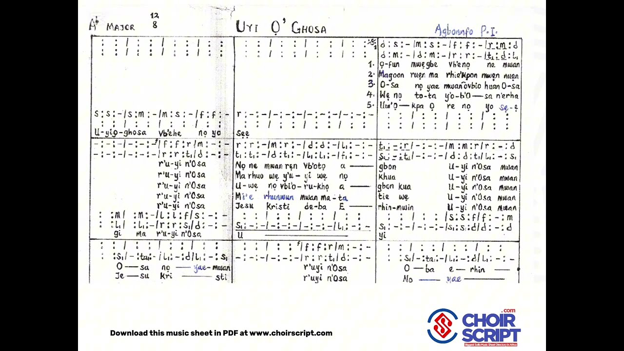 UYI O'GHOSA by Agbonrofo P.I music sheet + mp3