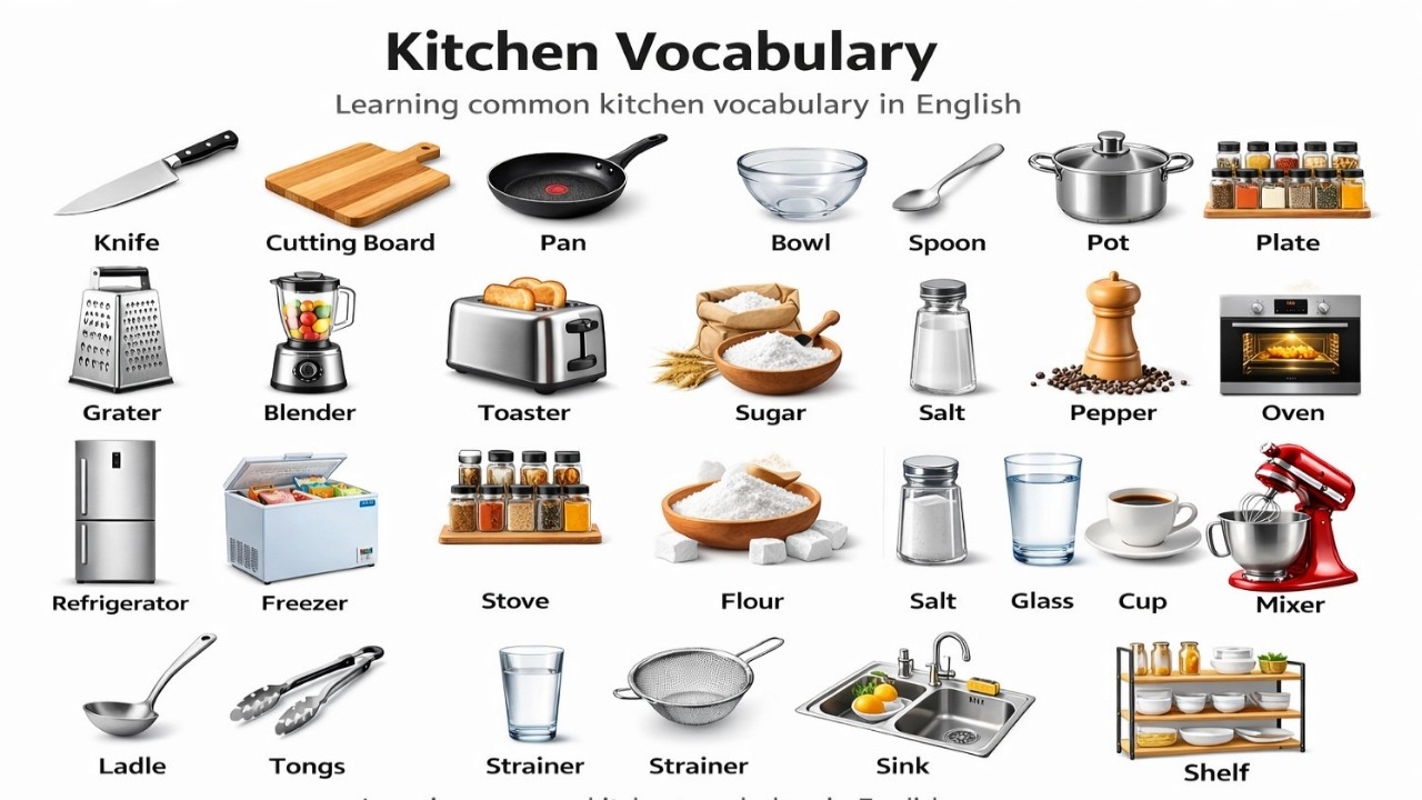 Learn Kitchen Vocabulary in English with Real Actions | Learn Kitchen Items in English With Examples