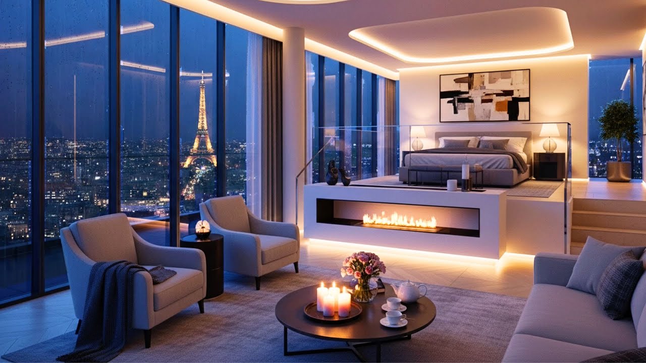 Luxury Paris Night Ambience 🗼✨ Cozy Fireplace & City Lights | Relaxing Background