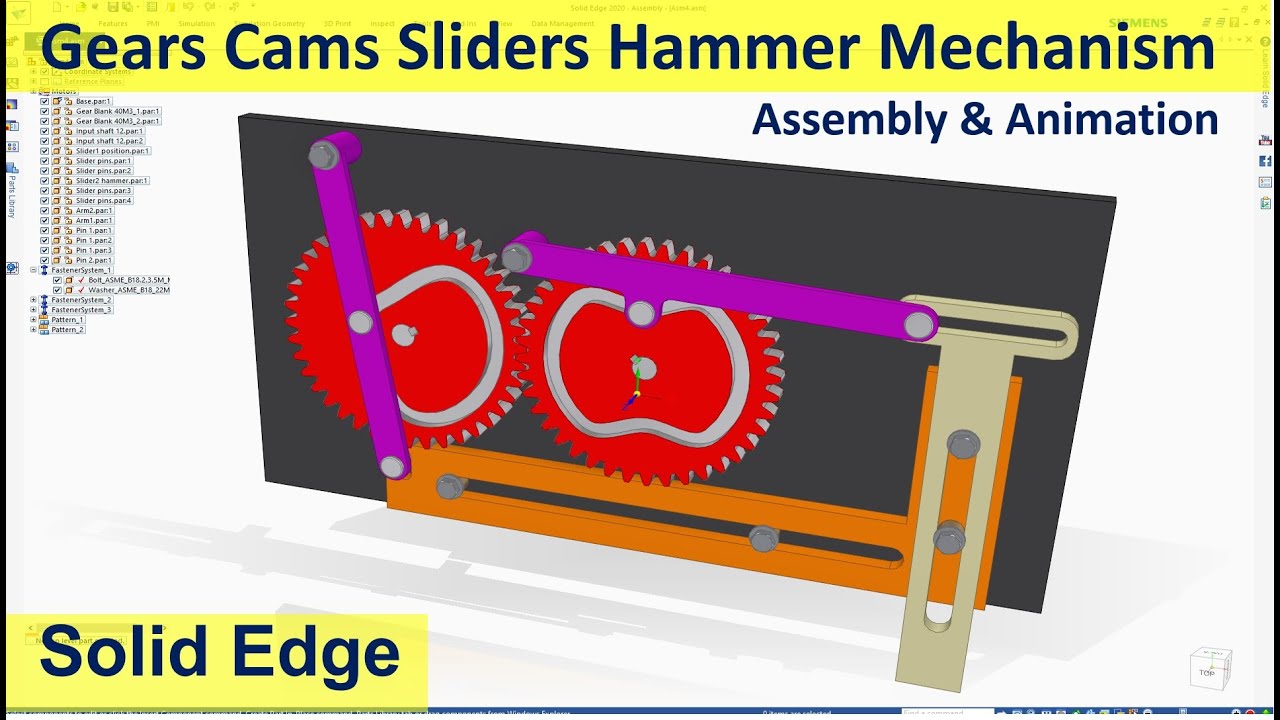 Solid Edge Assembly & Motion Animation #13 | Gears Cams Sliders Hammer Mechanism