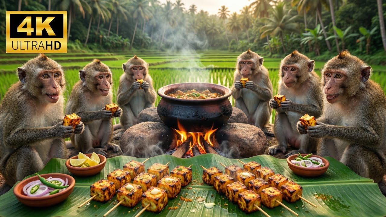 बंदरों ने देसी अंदाज़ में बनाई पनीर टिक्का 😲 | Monkey Cooking Paneer Tikka 😮🔥