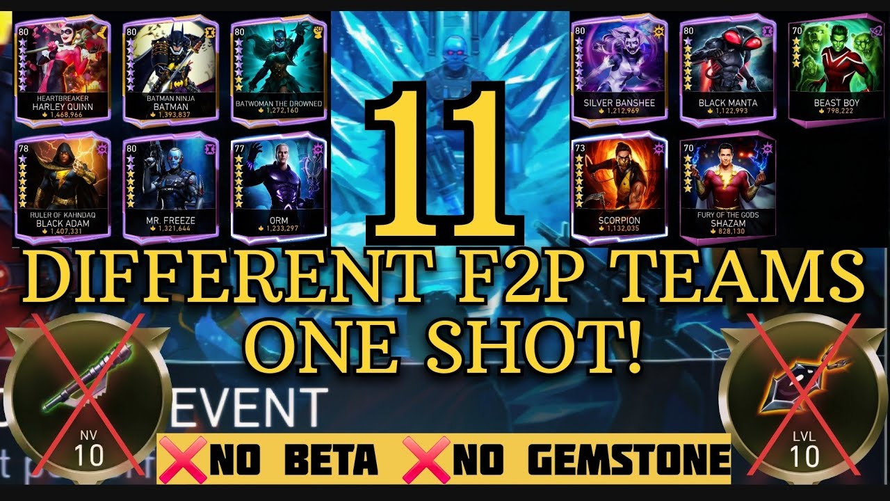 11 Different F2P ONE SHOT TEAMS!🔥 NO Repeating Characters H7 ON ICE Solo Raid in Injustice 2 Mobile