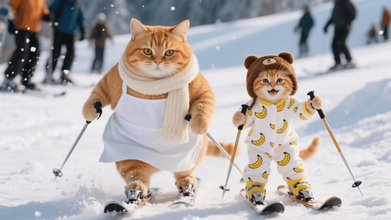 Ginger Kitten Shows Her Natural Talent for Skiing and Ice Sculpting with Mama Cat ❄️🐾