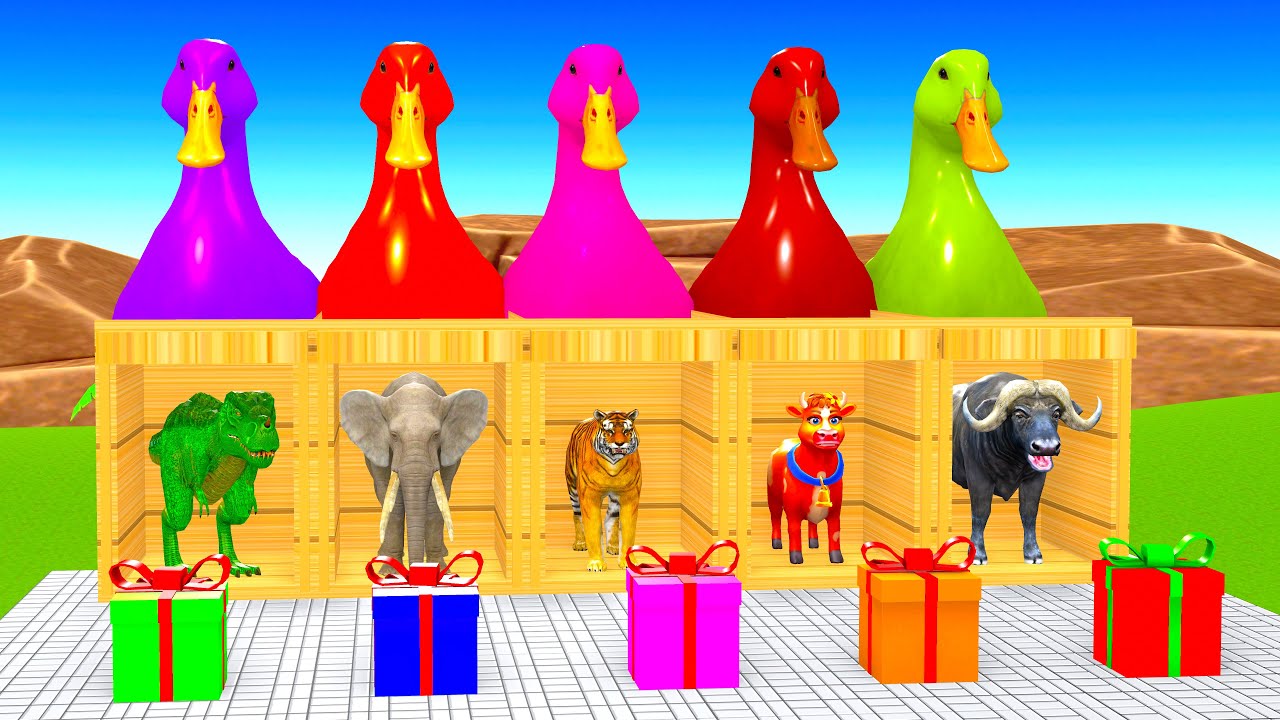Long Slide Game with Dinosaur Elephant Tiger Cow Buffalo 3d Animal Game Funny 3d Animals