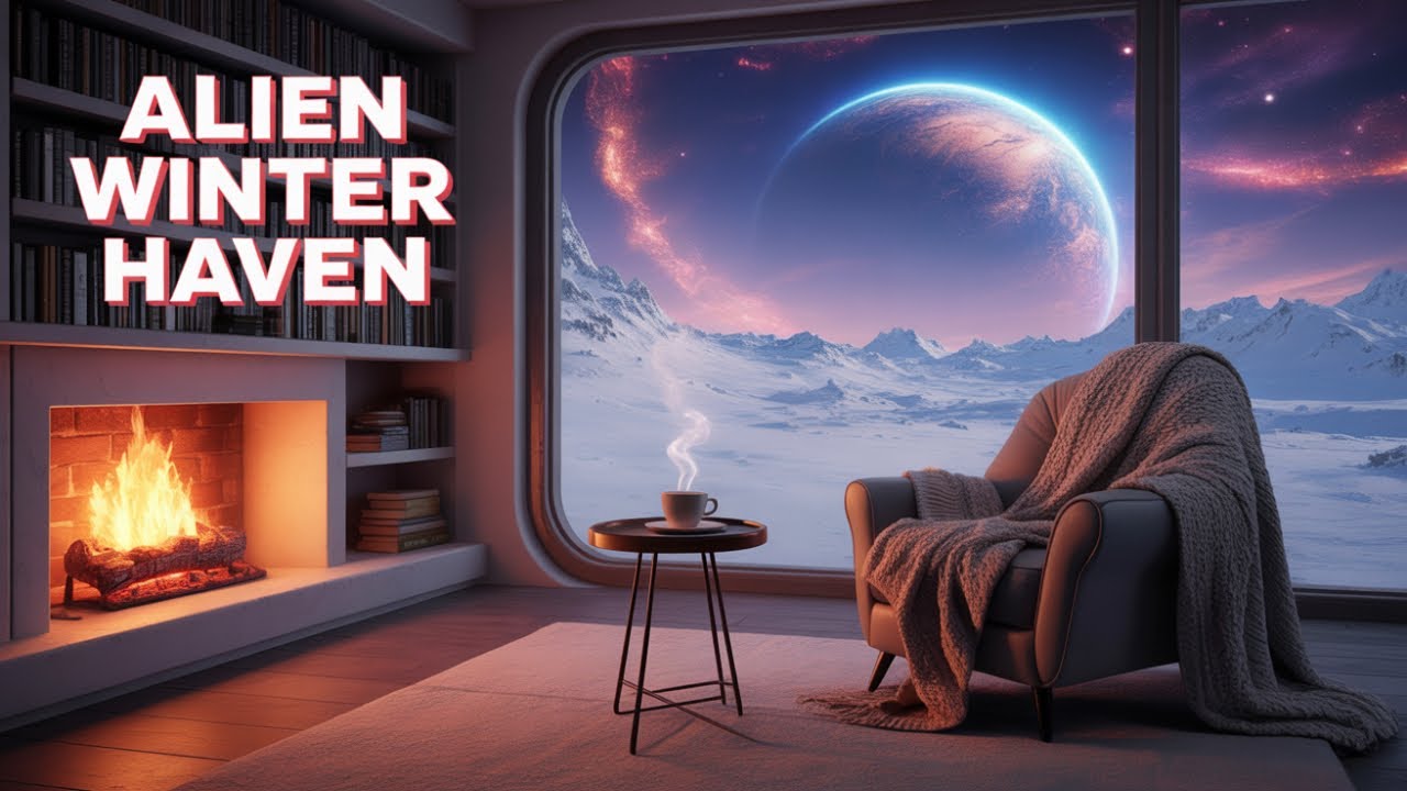 Alien Planet Winter Ambience | Fireplace, Glowing Stars, Coffee Steam & Gentle Music