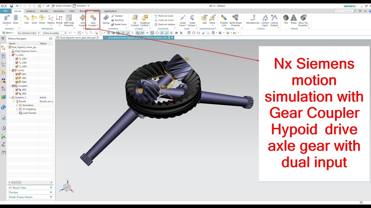 Nx Siemens motion Gear Coupler with Hypoid drive axle gear with dual input simulation