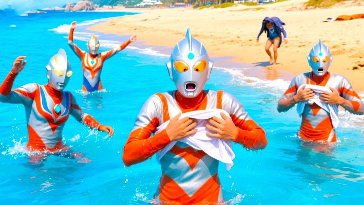 賽羅和小夥伴在沙灘邊玩水，沒想到奧特戰衣被偷走囉！賽羅差點走光【九九動畫】