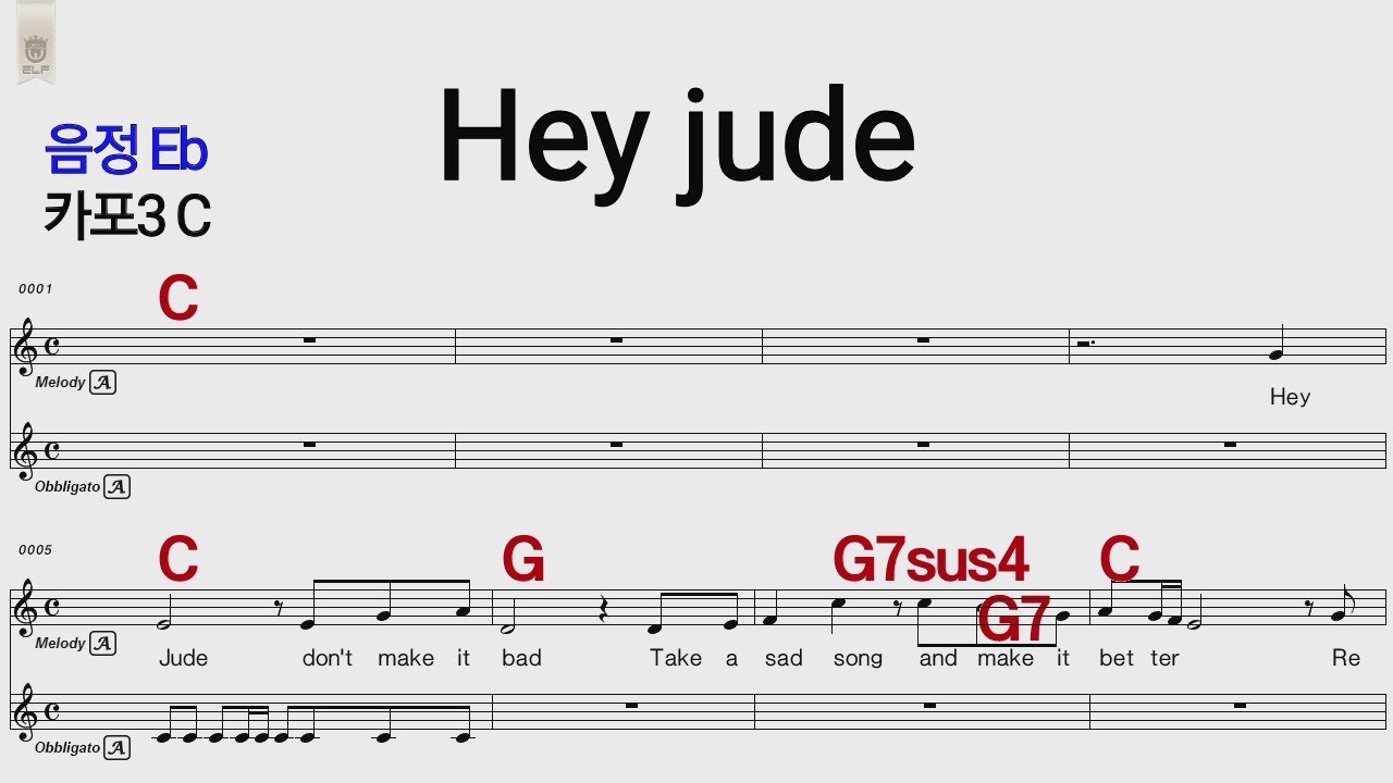 Hey jude  비틀즈 Eb/카포3 C /통기타 카포 악보영상