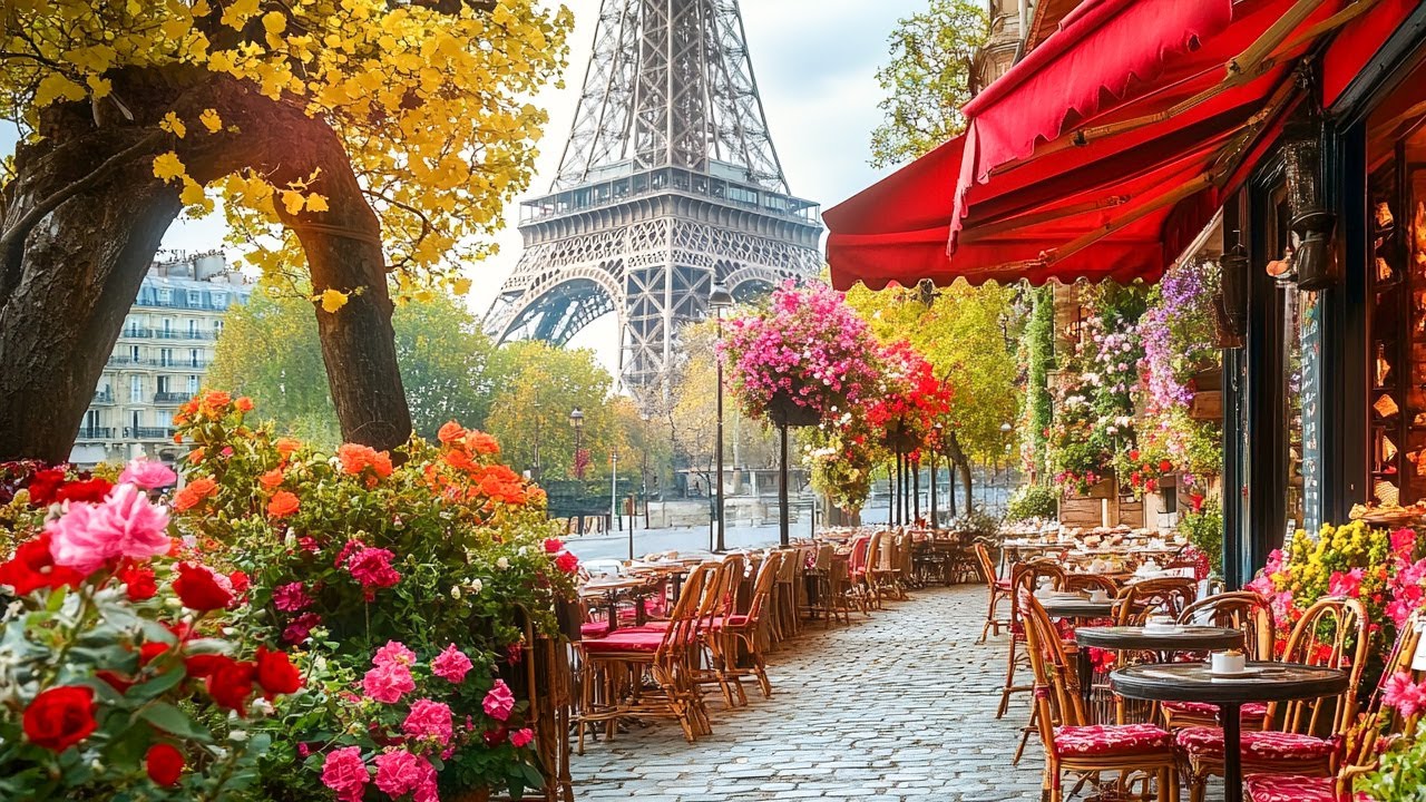 Springtime Jazz in Paris | Cozy Outdoor Cafe Ambience with Warm Melodies & Blooming Roses