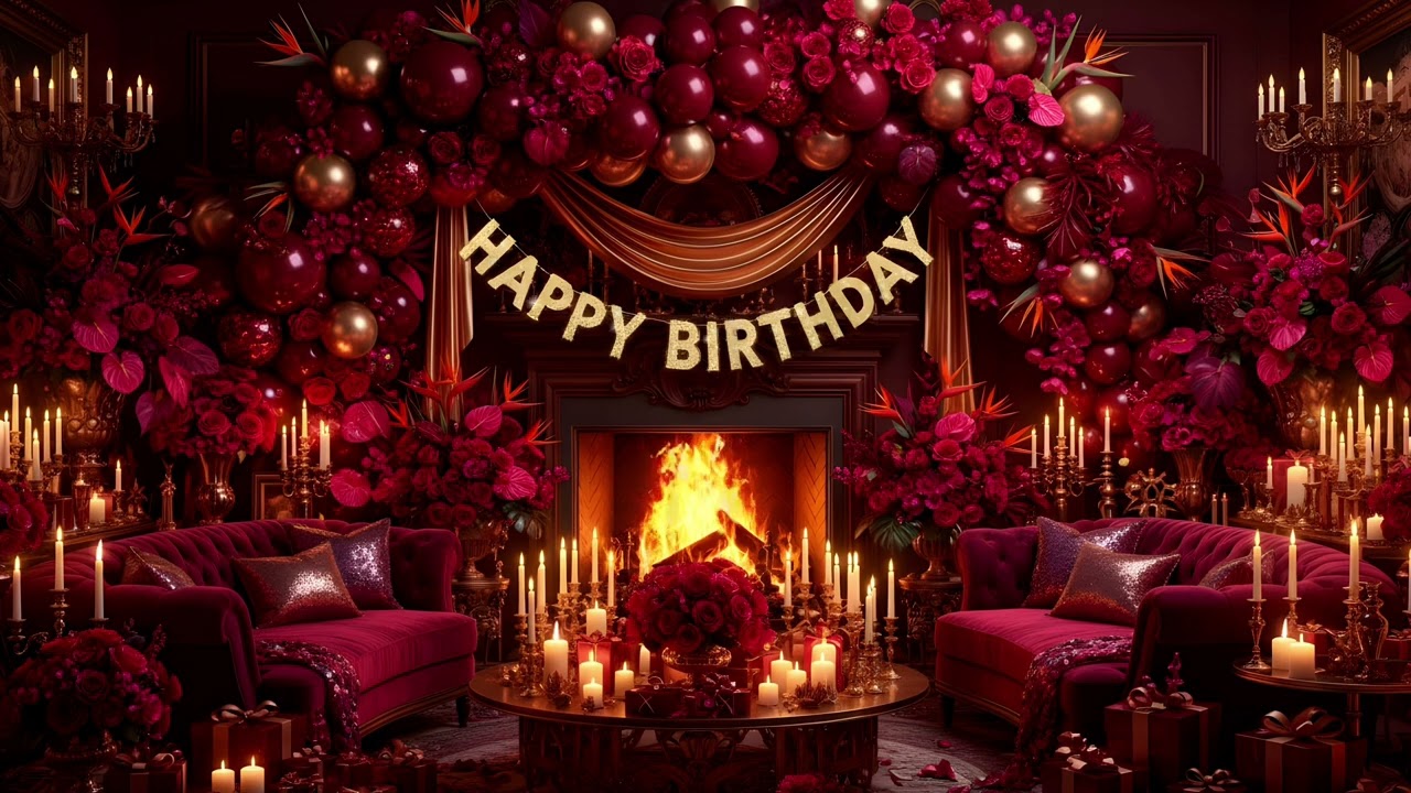 Burgundy Birthday Party Background | pink Birthday Party Fireplace Ambience,  Birthday Wallpaper