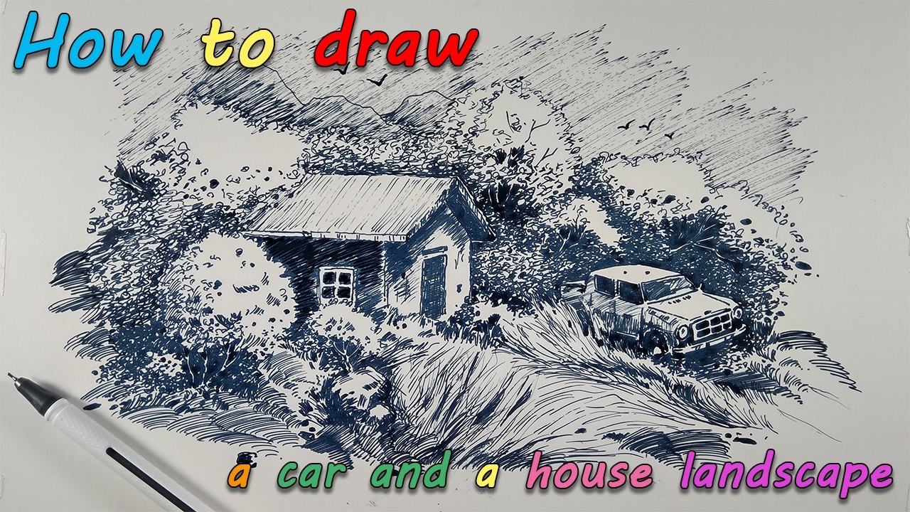 How to draw a car and a house landscape | Pen art