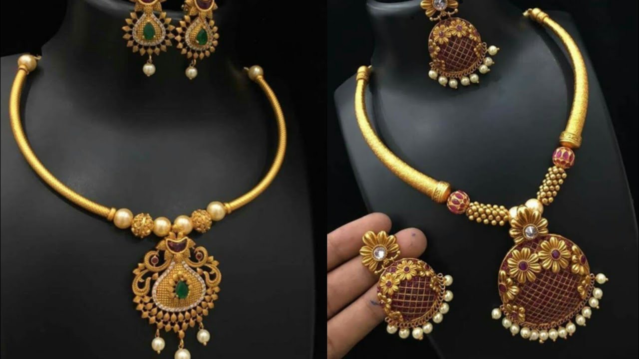 beautiful simple pure gold necklace set design ideas/light weight gold necklace set design