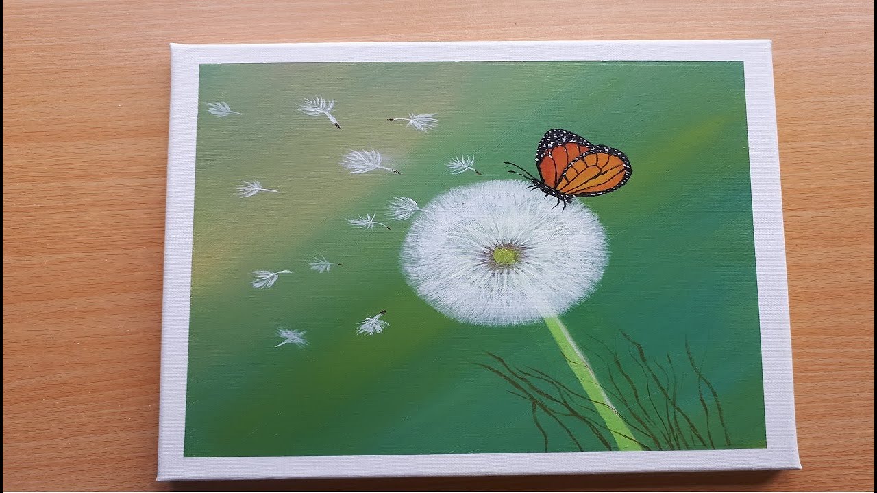 Simple Painting / Monarch Butterfly with Dandelion flower Painting / Acrylic Painting