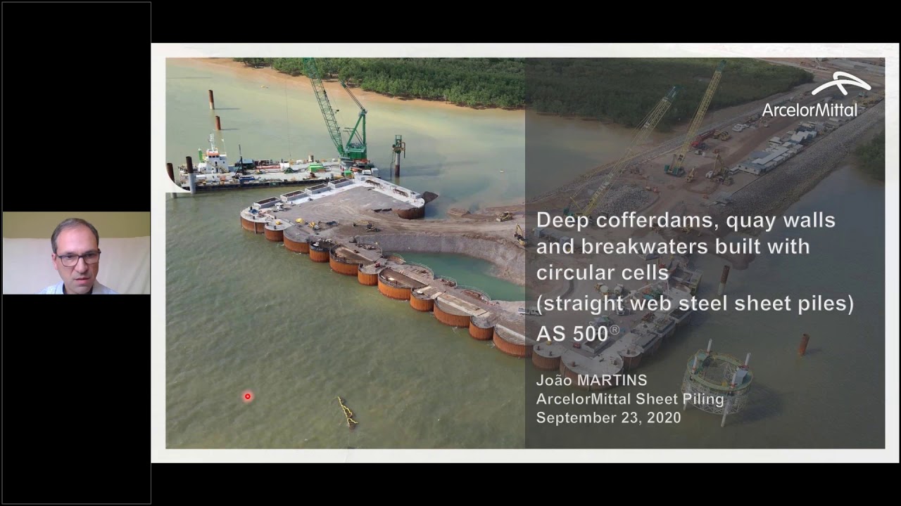 Deep cofferdams, quay walls and breakwaters built with circular cells-straight web steel sheet piles