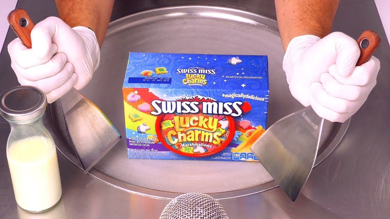 How to turn Swiss Miss with Lucky Charms Marshmallows hot Cocoa Mix to Ice Cream Rolls | Food ASMR
