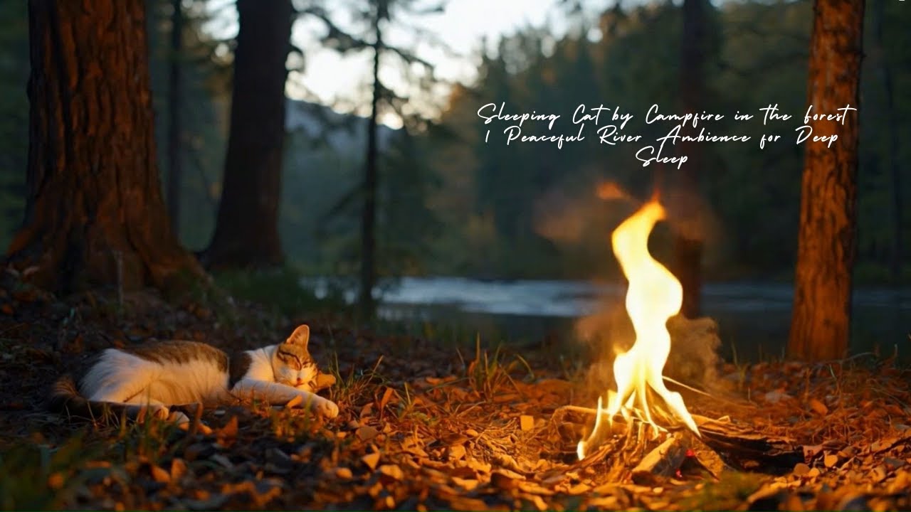Sleeping Cat by Campfire in the Forest | Peaceful River Ambience for Deep Sleep