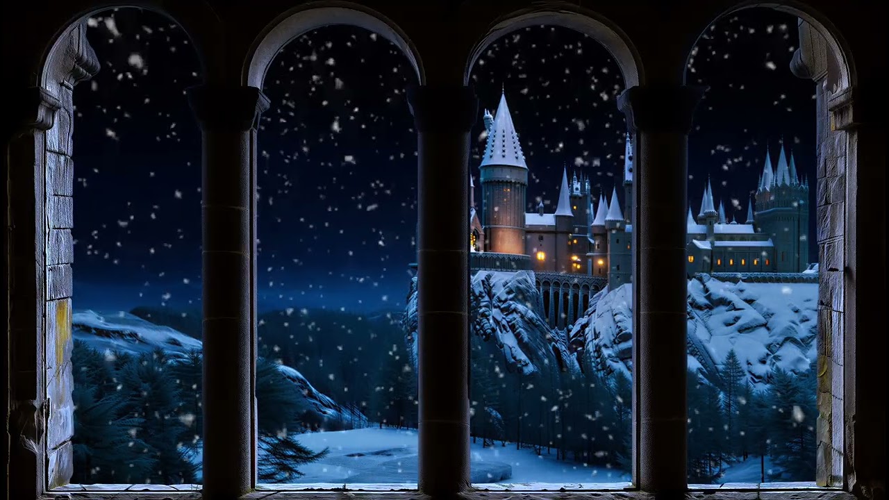 4K Snowy Wizard Castle Window View | Magical Winter Night Ambience