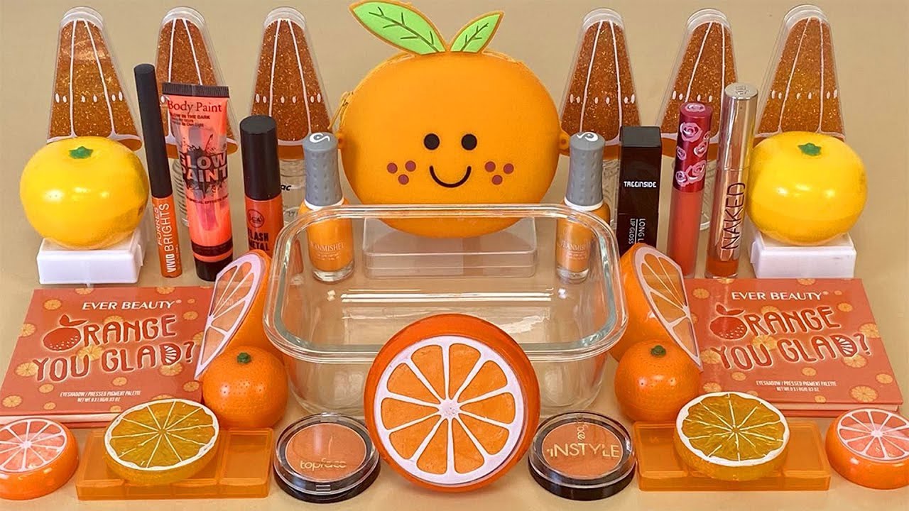 Orange SLIME 🟠 Mixing makeup and glitter into Clear Slime. ASMR Satisfying Slime Video.