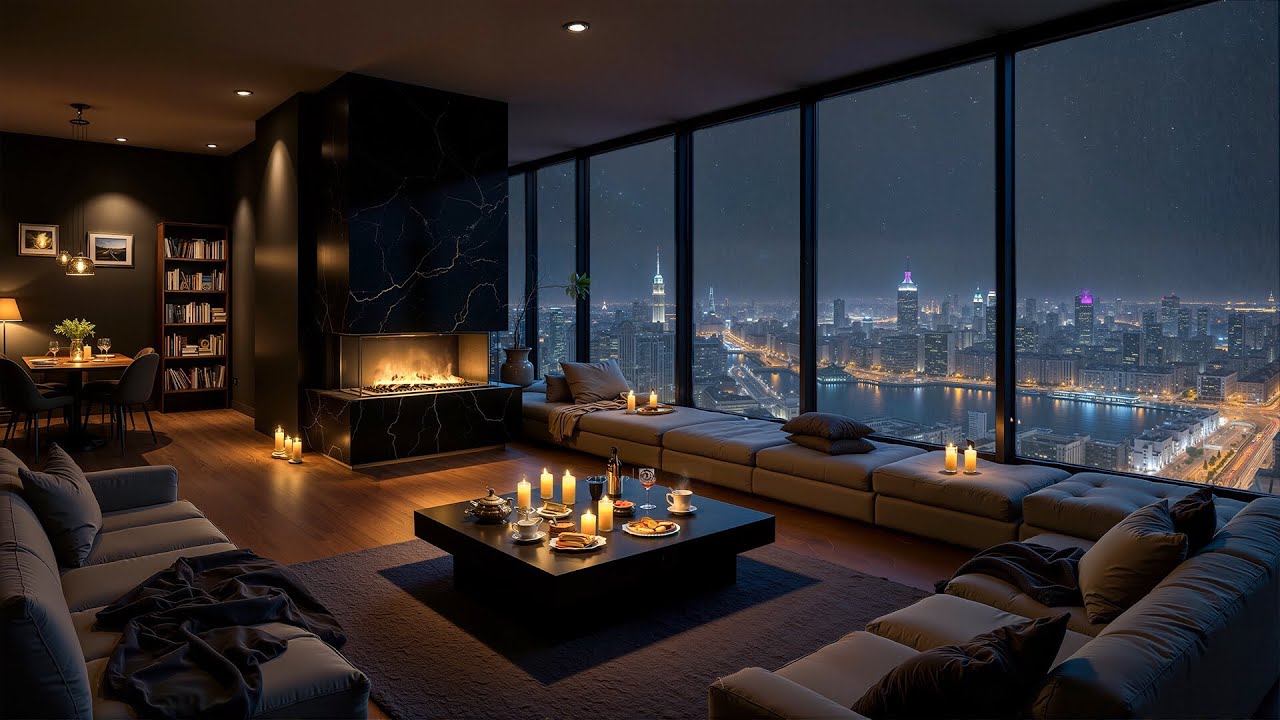 4K Night Jazz Lounge 🕯️ Candlelight Ambience & Smooth Jazz in a Skyline Apartment