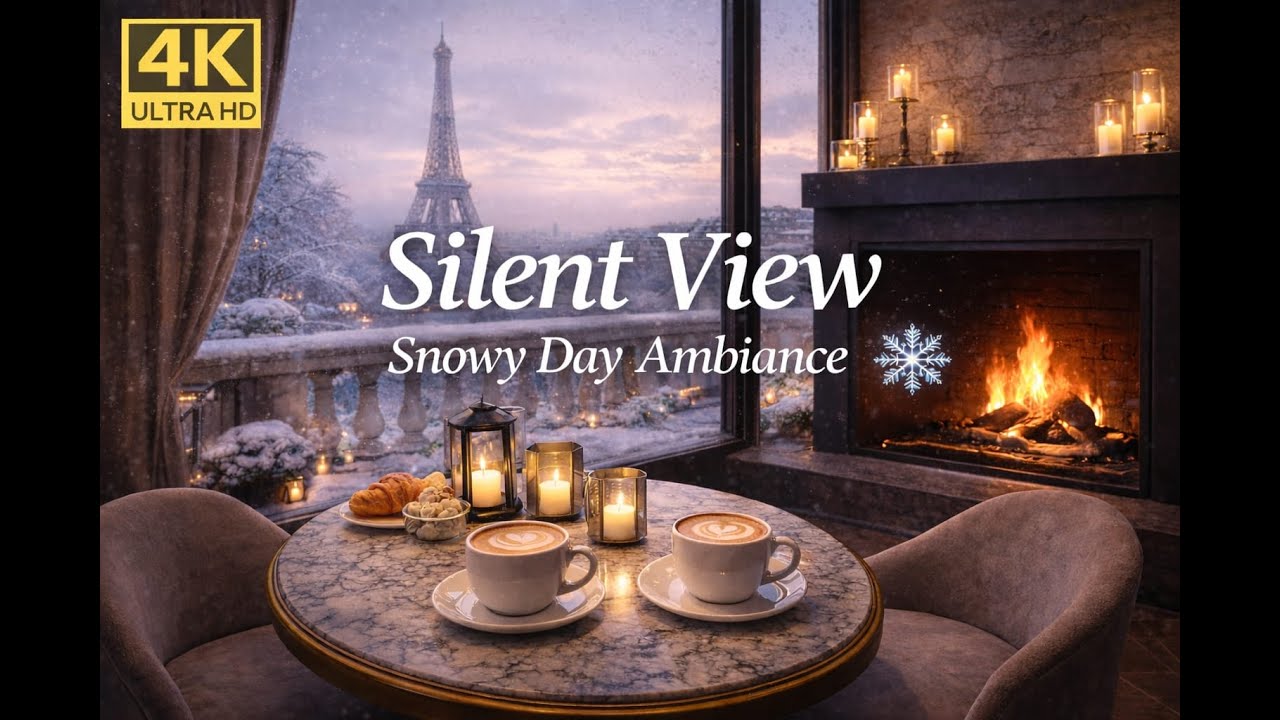 Silent View | Snowy Day Ambience in Paris ☕❄️ Cozy Café, Fireplace & Winter Calm (4K)