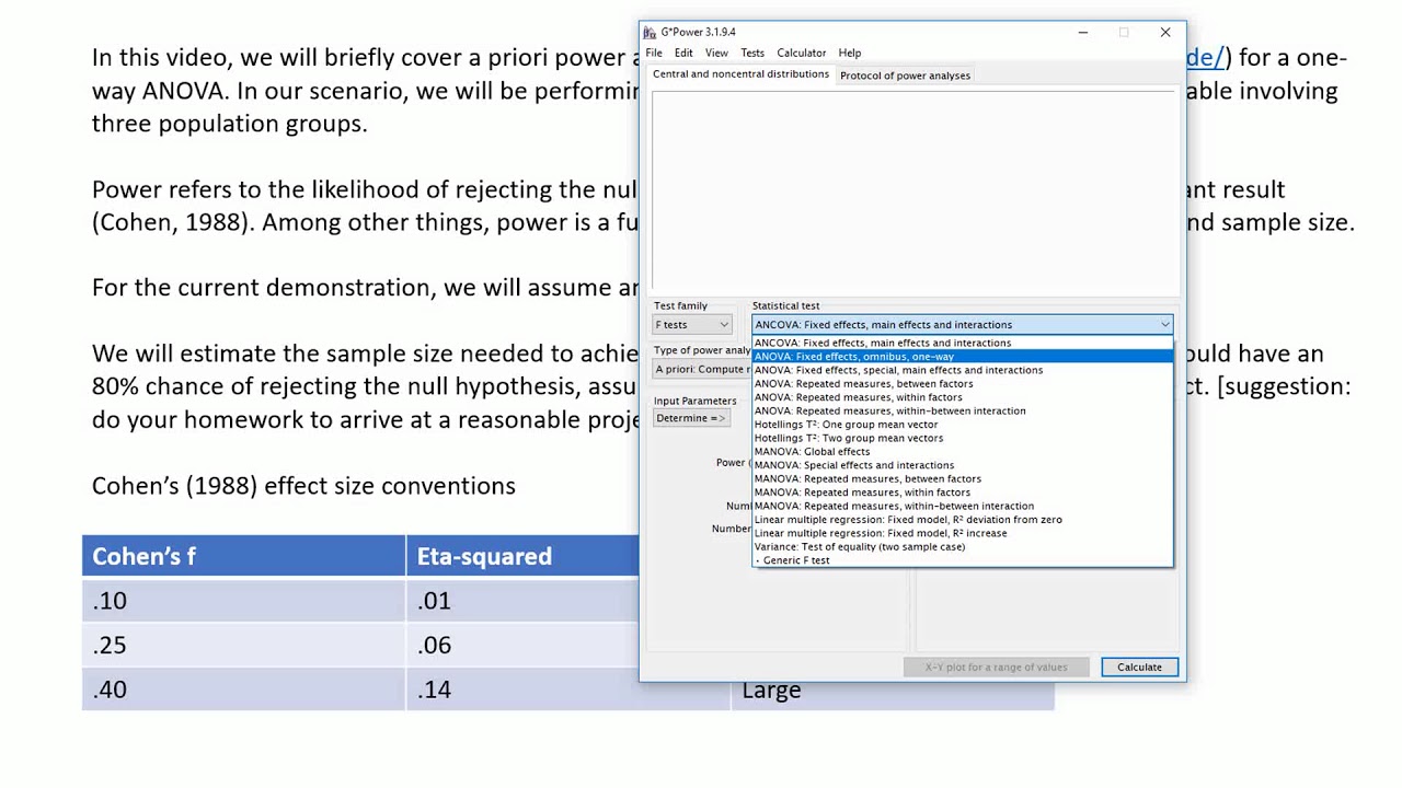 Power analysis with G*power for one-way ANOVA