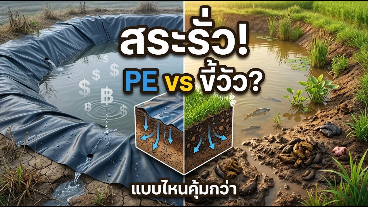 สระรั่วเก็บน้ำไม่อยู่! ปูผ้ายาง PE vs ยาด้วยมูลสัตว์ (ขี้วัวขี้หมู) แบบไหนคุ้มกว่า