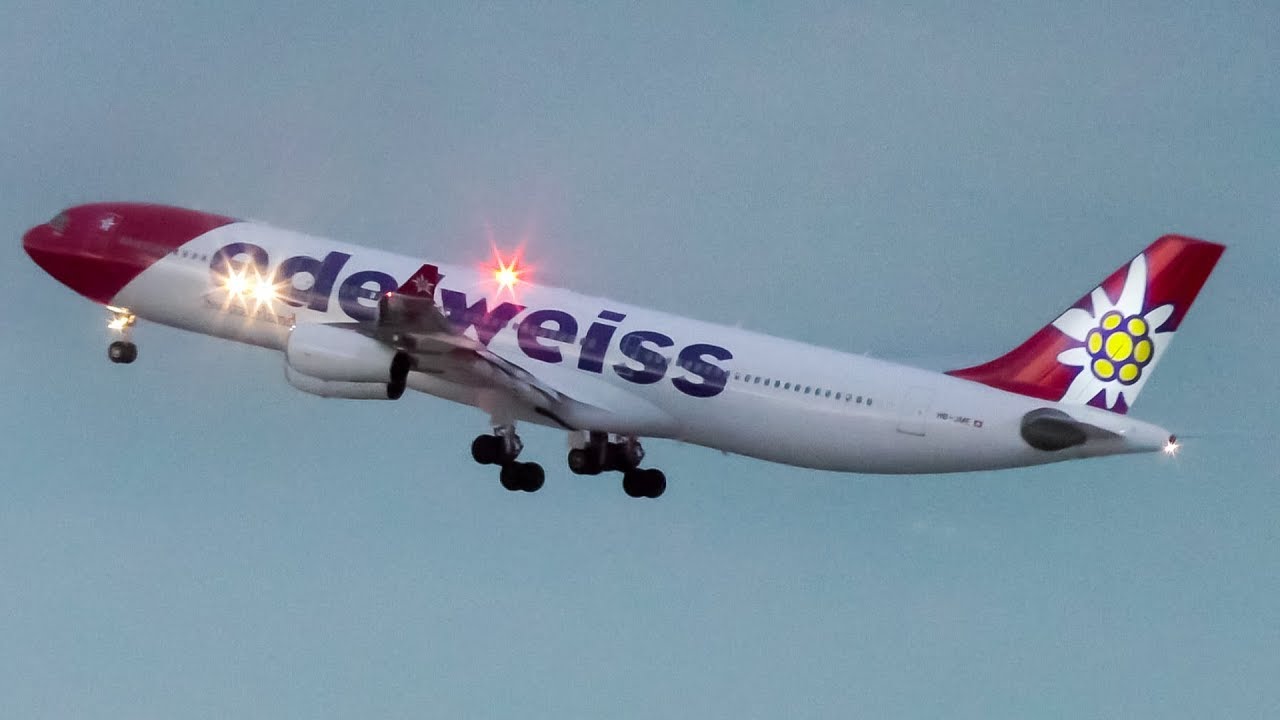 Edelweiss Air Airbus A340-300 Dusk Takeoff from Calgary Airport