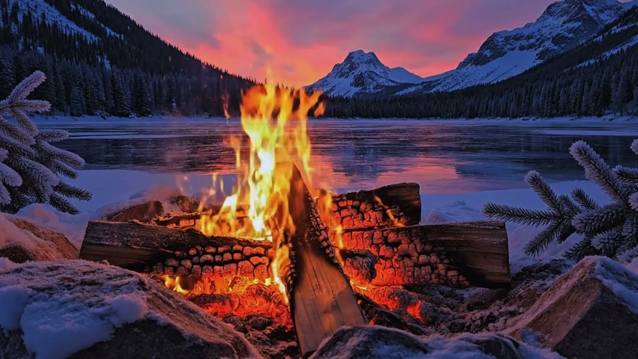 Cozy Winter Vibes with Riverside Campfire ❄️ Snowy Forest Fireplace, Water 😴