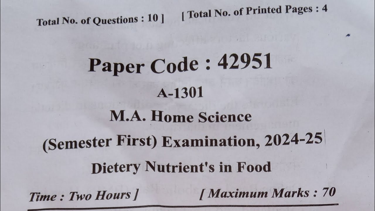 MA Home Science (Semester First) Dietery Nutrient's in Food, Paper 1st Question Paper 2024–25 MJPRU 