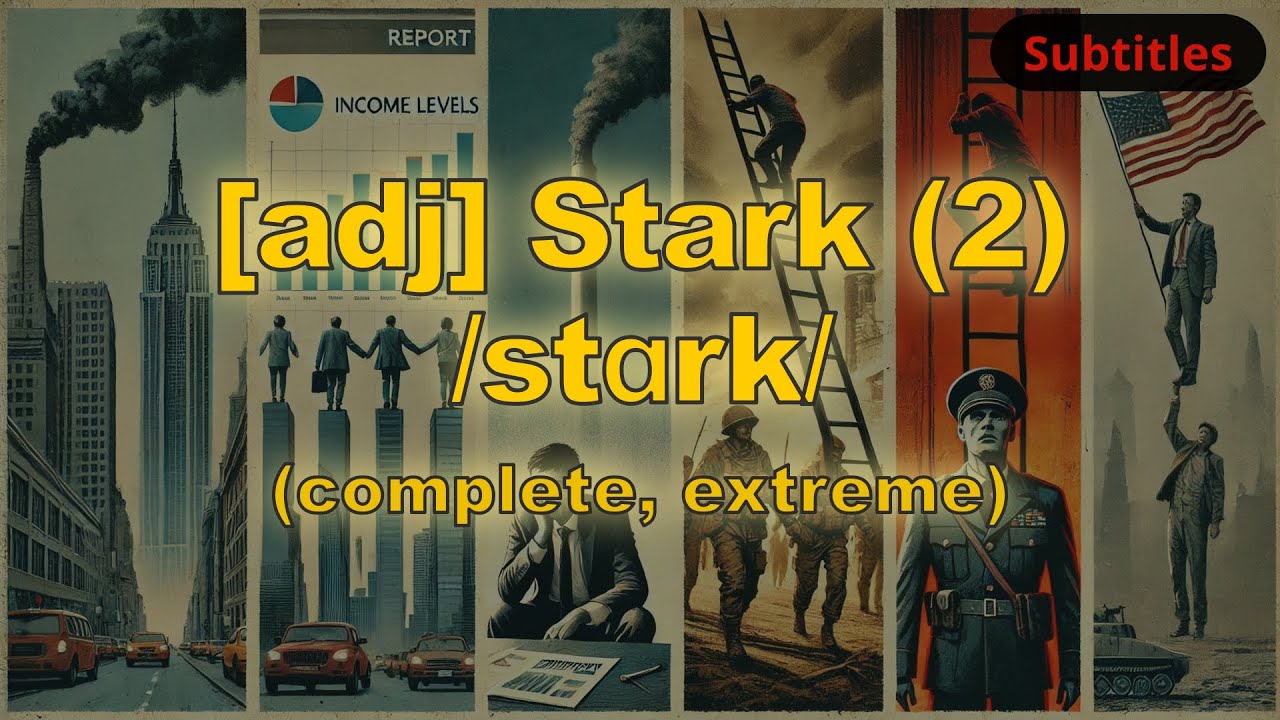 [adj] Stark meaning (complete, extreme) with 5 examples