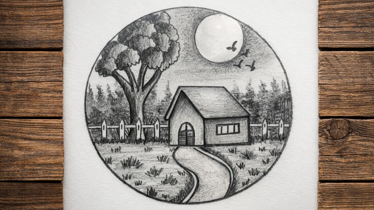 Easy Village House Scenery Drawing | Simple Pencil Sketch Step by Step for Beginners