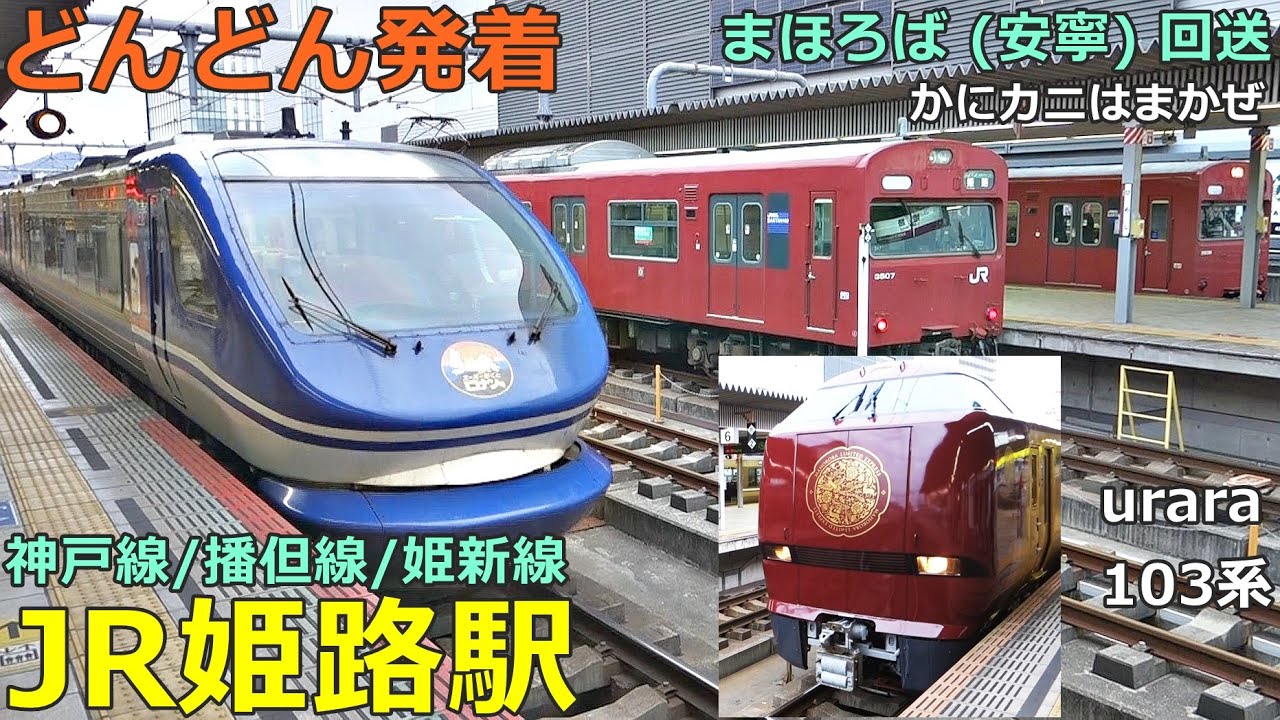 JR姫路駅 (神戸線 播但線 姫新線) 3🚃どんどん電車が発着！●まほろば 安寧編成／新快速、特急 かにカニはまかぜ、227系urara、播但線103系 等／夕方ラッシュ【JR西日本】