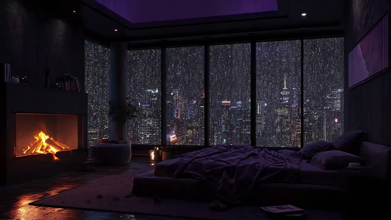 Calm Rainy Skyline 🌧️ | Gentle Piano Music with Fireplace Crackle for Study and Night Relax