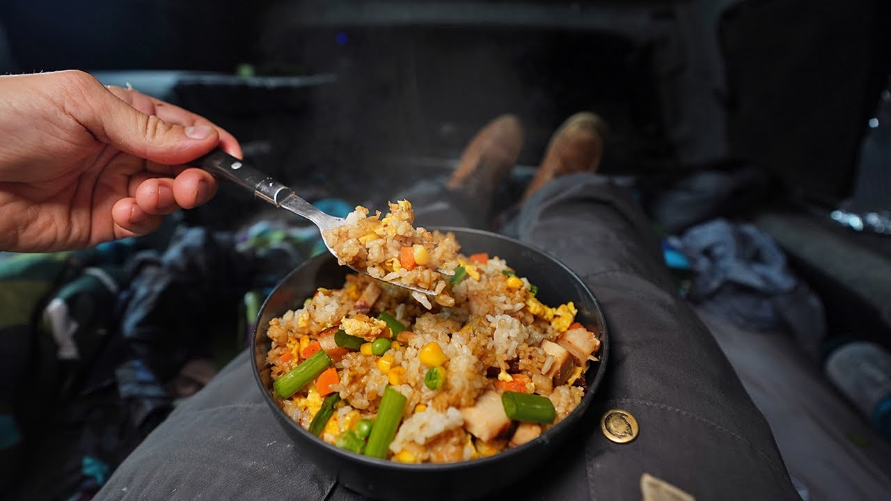 Cooking gourmet Fried Rice in my truck (camping meal)