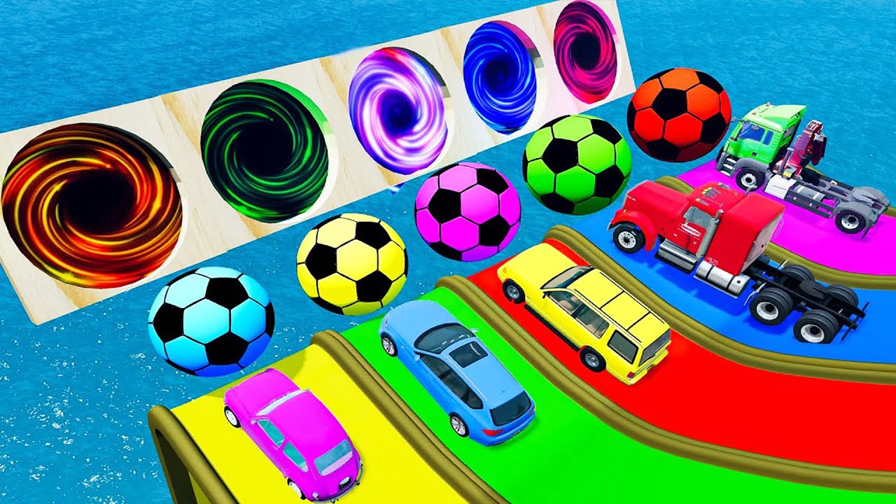 Cars vs Slide Colors with Portal Trap 🔴🔵🟢- Flatbed Long Trailer Truck Rescue - BeamNG.Drive