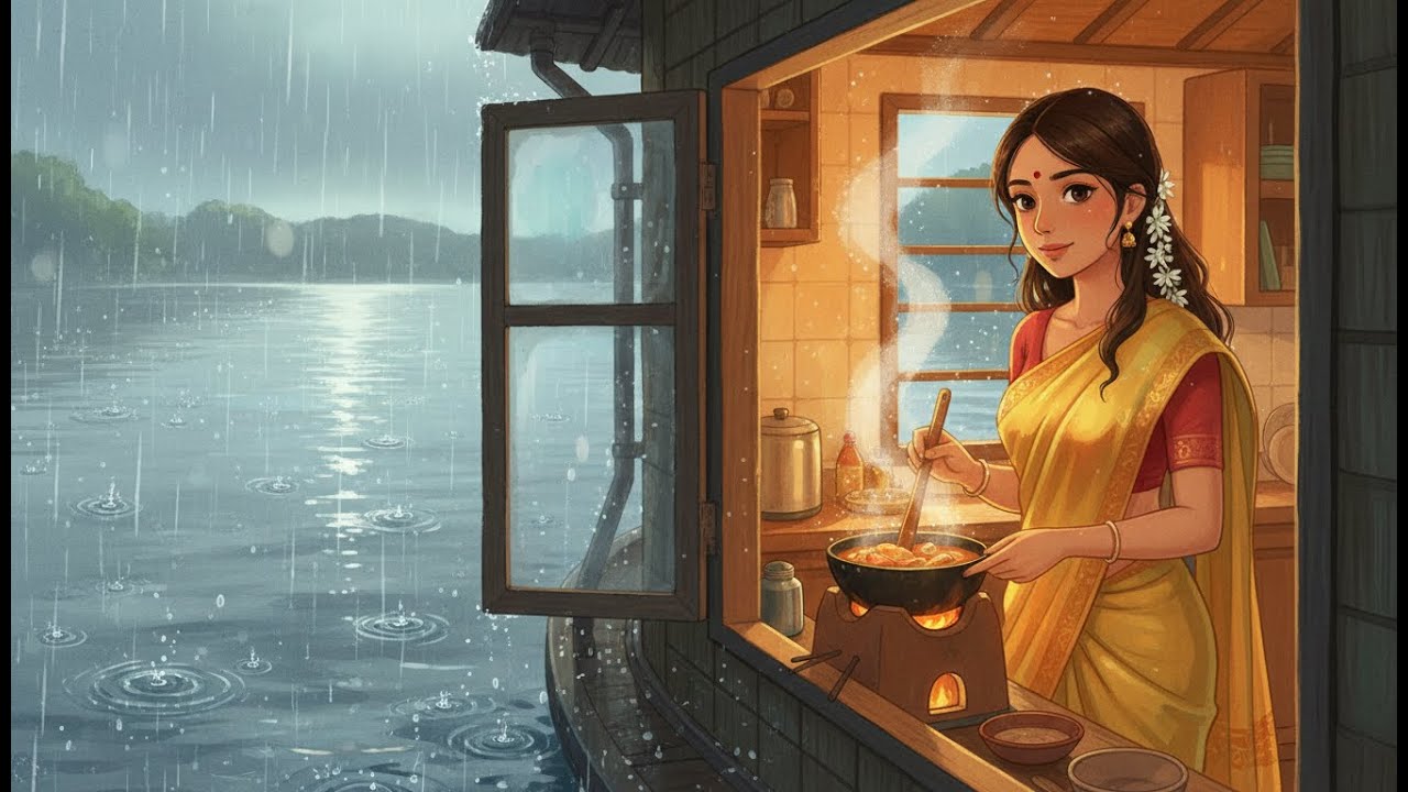 🌧️ Cozy Ghibli Rainy Cooking on a Floating River House | Healing Indian Fish Curry & Slow Life