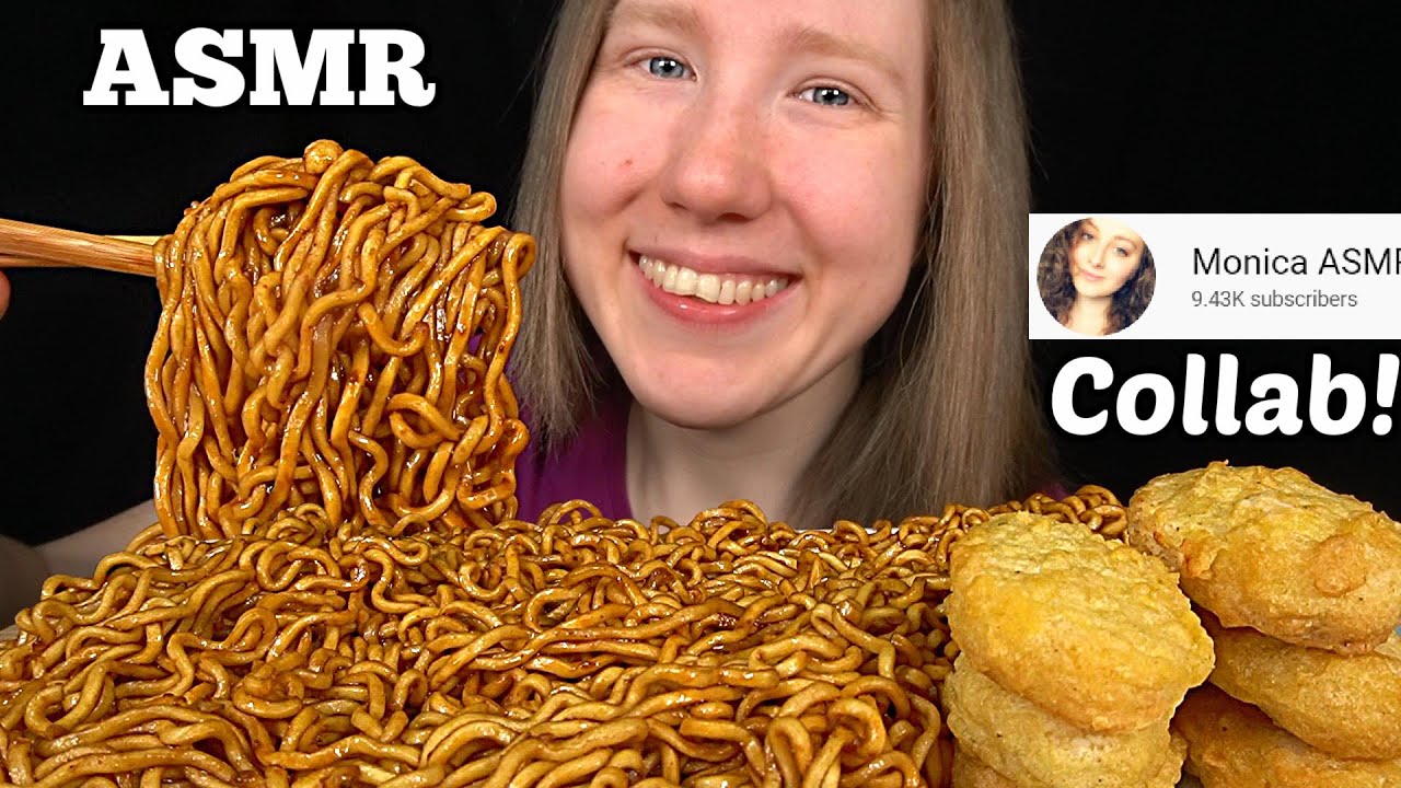ASMR BLACK BEAN FIRE NOODLES & CHICKEN NUGGETS MUKBANG (Monica ASMR) EATING SOUNDS