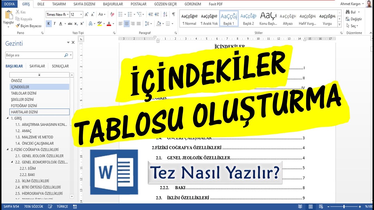 Tez Yazımı 38. Bölüm I İçindekiler Tablosu Oluşturma