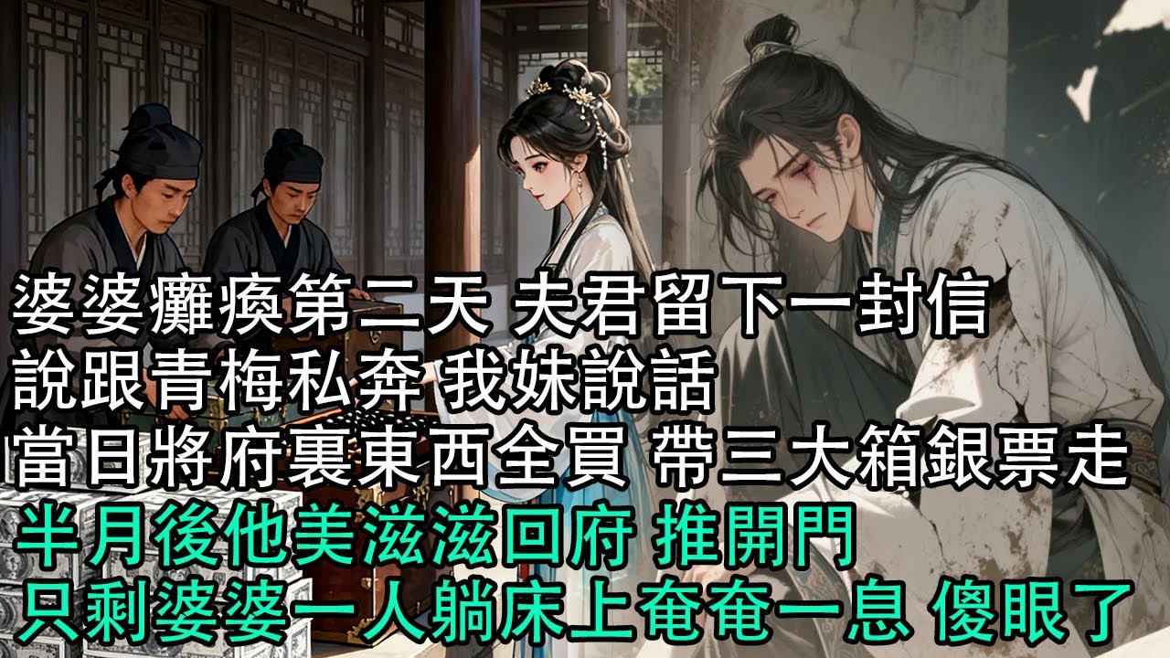 【一口氣看完】婆婆癱瘓第二天 夫君留下一封信，說跟青梅私奔 我妹說話，當日將府裏東西全買 帶三大箱銀票走，半月後他美滋滋回府 推開門，只剩婆婆一人躺床上奄奄一息 傻眼了#古言 #有聲小說 #情感故事