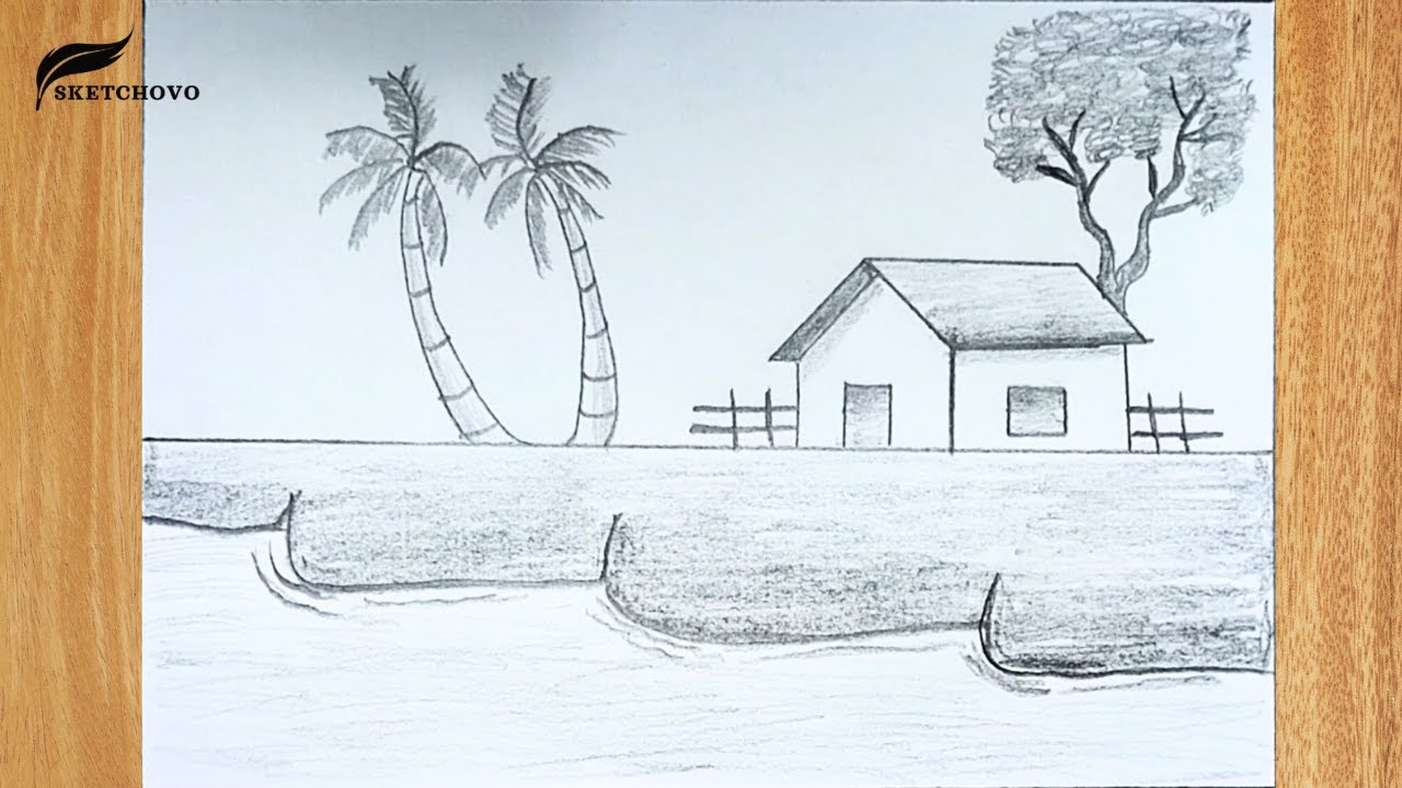 How to Draw Easy Scenery | Pencil Drawing for Beginners | Riverside House & Palms