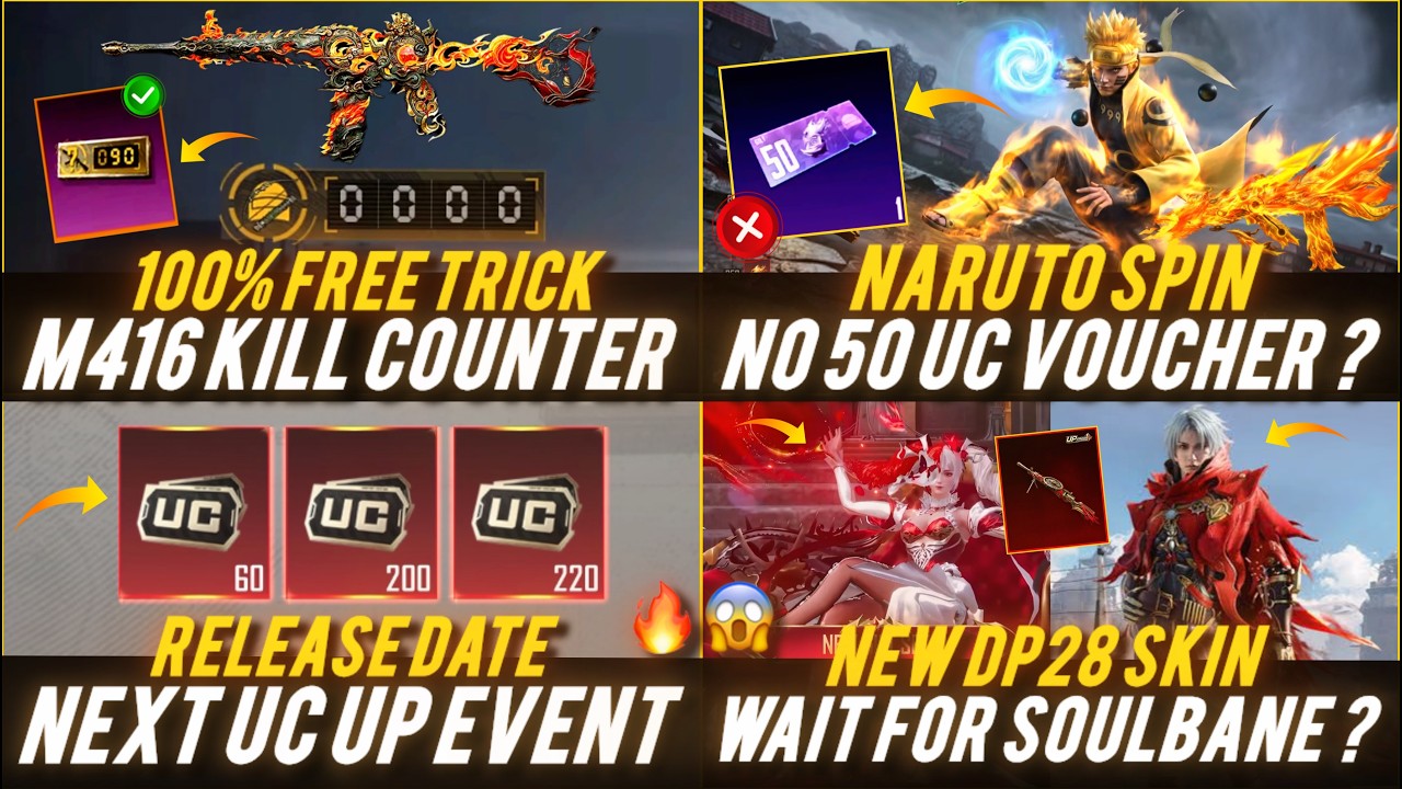 🔴 4.5 NARUTO 50 UC VOUCHER DATE ?🔥😱 M416 KILL COUNTER FREE✅ NEXT UC UP EVENT DATE🔥 NEW DP28 WORTH IT