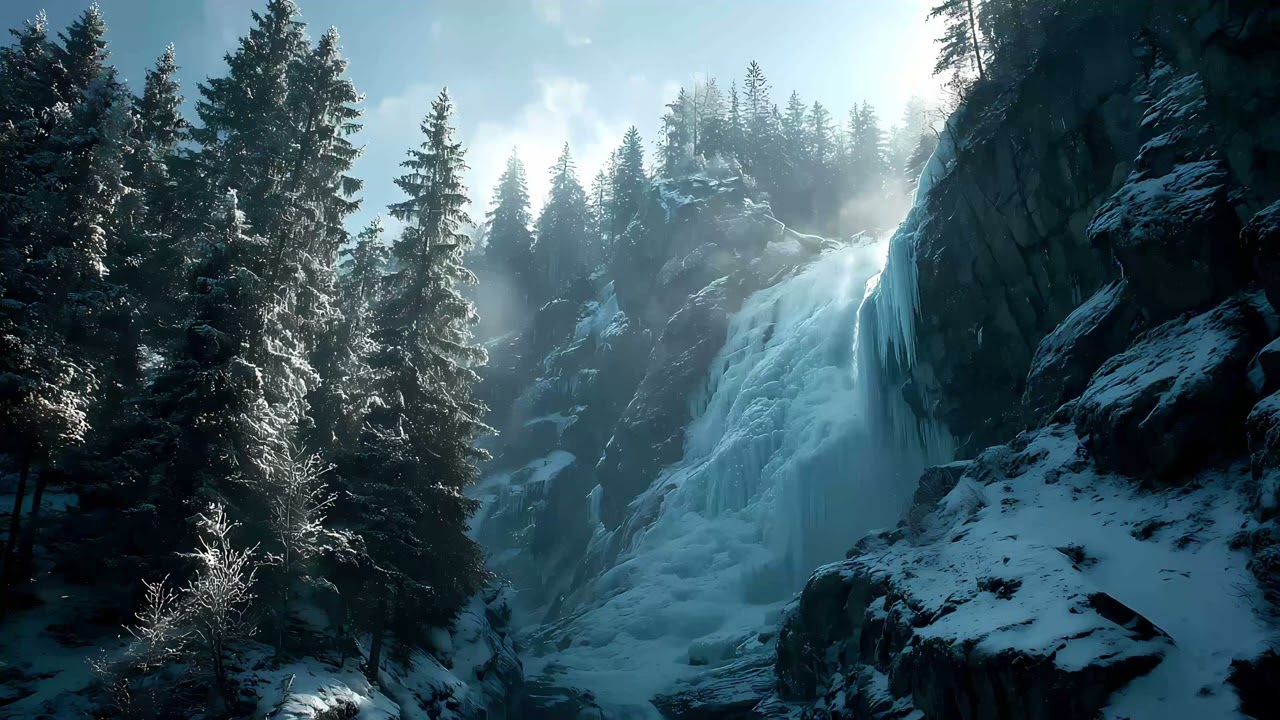 Epic Frozen Waterfall in Sunlit Winter Canyon | Cinematic Living Room Showcase | No Music Art