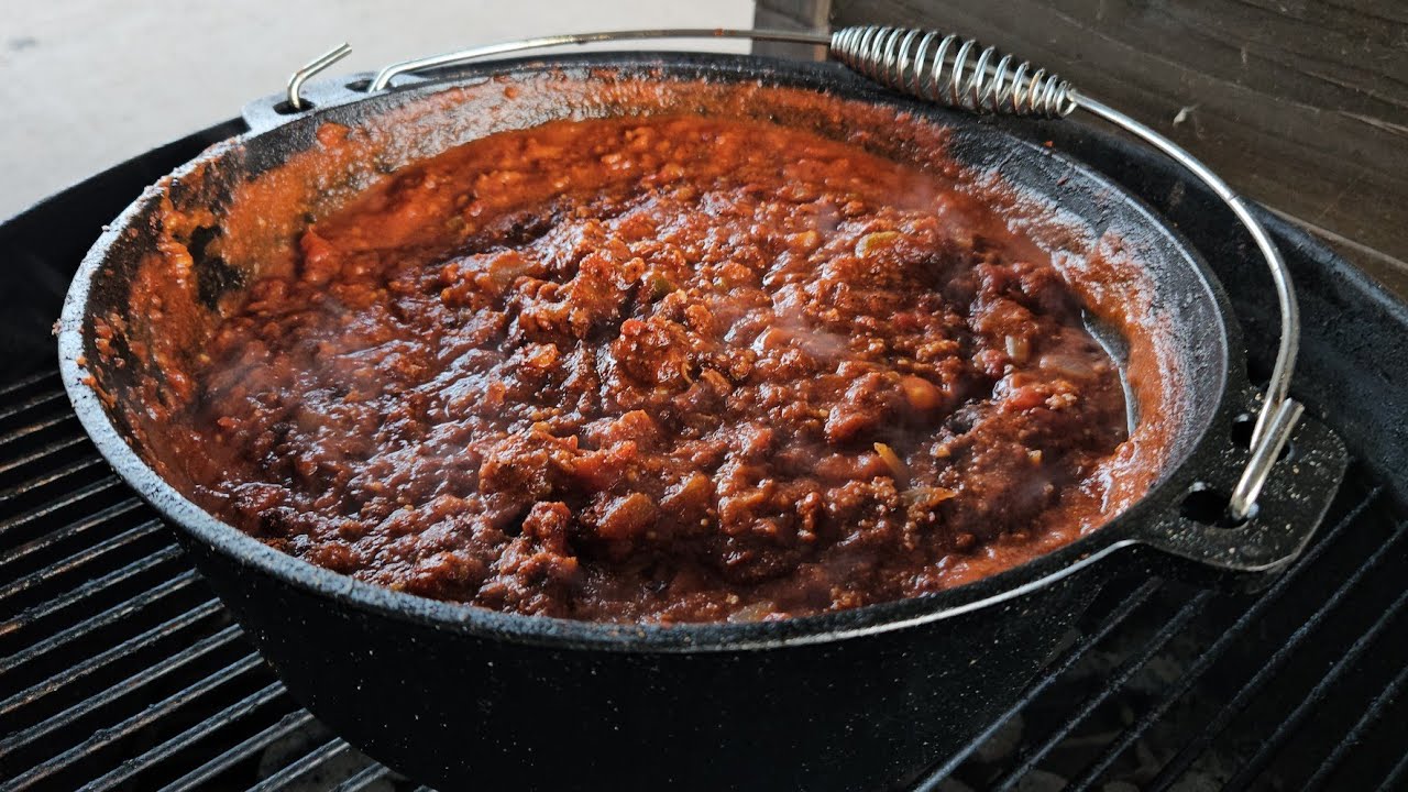 Texas Style Chili Cooked On a Weber Kettle - Dutch Oven Chili