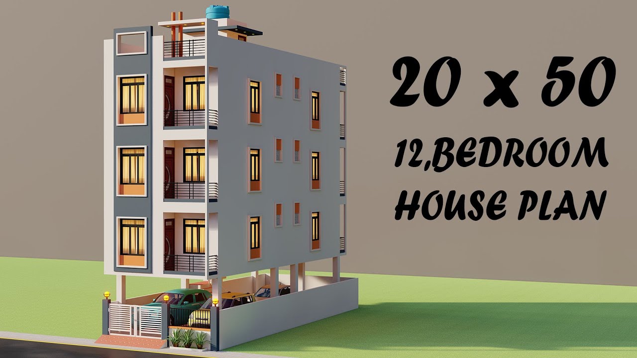 20x50 12 Bedroom With Car Parking Rental House Plan,तीन मंजिल का किराये के लिए मकान ,3D House Videos