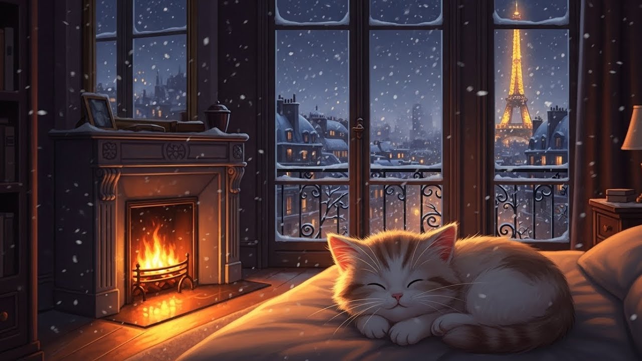 it's rainy cozy night in 1940's with soft oldies playing in another room (fireplace & rain sounds)