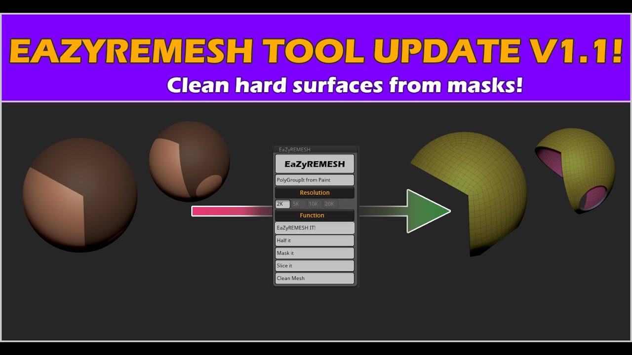 EaZyremesh Update - Clean Hard Surfaces from Masks in Zbrush!